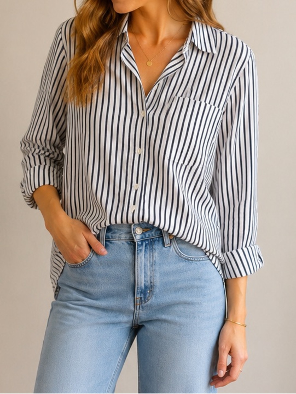 Ann Taylor White and Black Vertical Stripe Button-Down Shirt